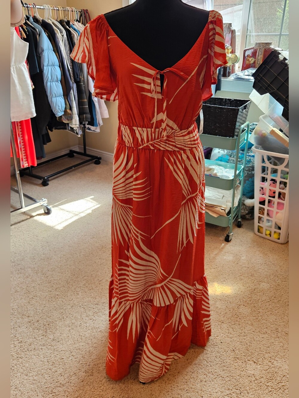 New Nine West Boho Burnt Orange Palm-Print Maxi Dress Off Shoulder Or On, Sz XXL